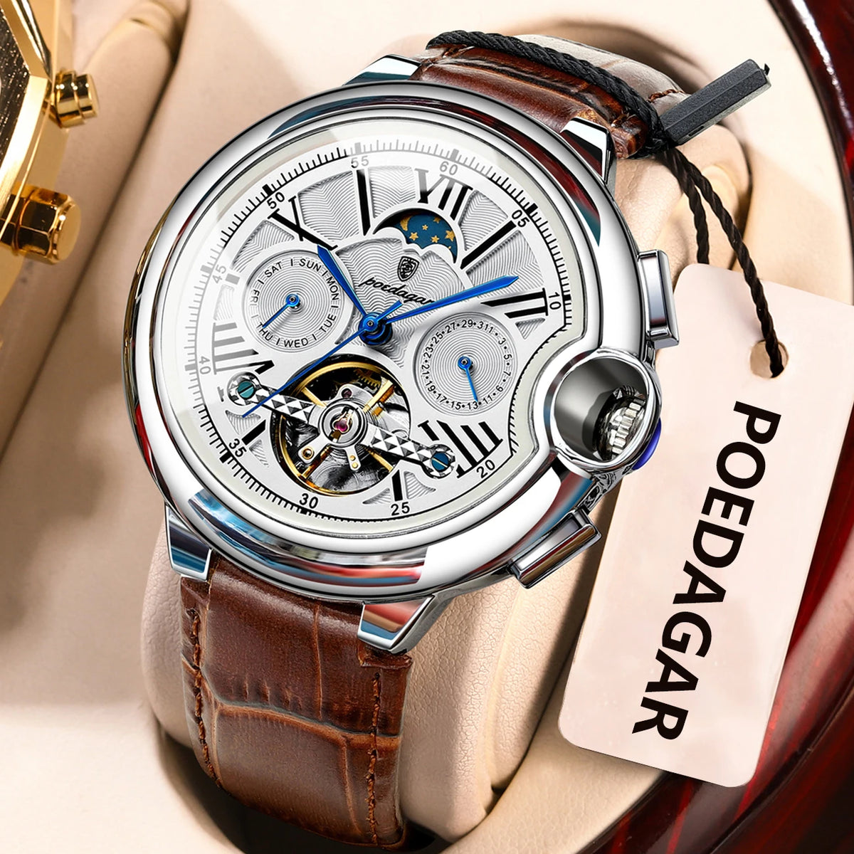 Reloj POEDAGAR de lujo para hombre, de negocios, con fecha, día, tourbillon de acero inoxidable, reloj mecánico automático impermeable para hombre