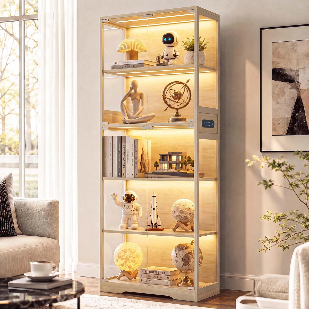 Vitrina de 5 niveles con puertas de vidrio y marco metálico, luces LED regulables.