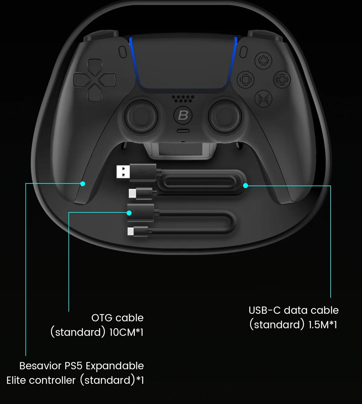 Carcasa trasera con puertos USB‑C y OTG, cables incluidos, color negro