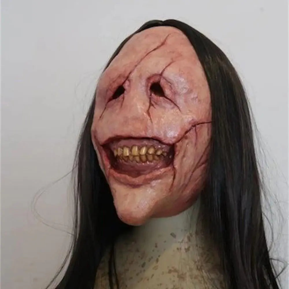 Máscara de Diablo de Látex con Pelo Largo y Cara Roja, Dientes Expuestos, Peluca, Máscara Facial de Terror, Creatividad, Realista, para Halloween