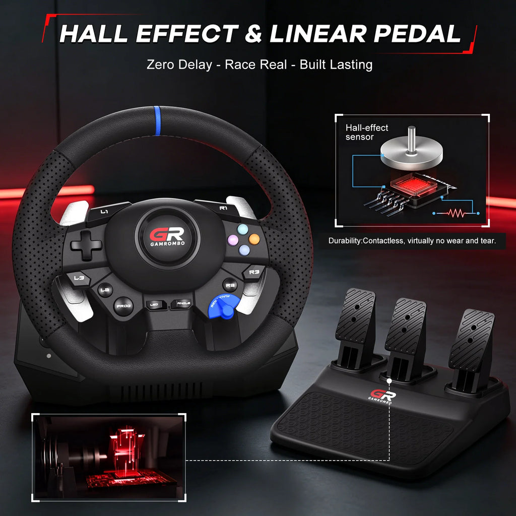 Volante de carreras para PS5/PS4/PC, 270° y 900°, volante de simulación de juegos con pedales de efecto Hall RGB y mapeo de macros PROG
