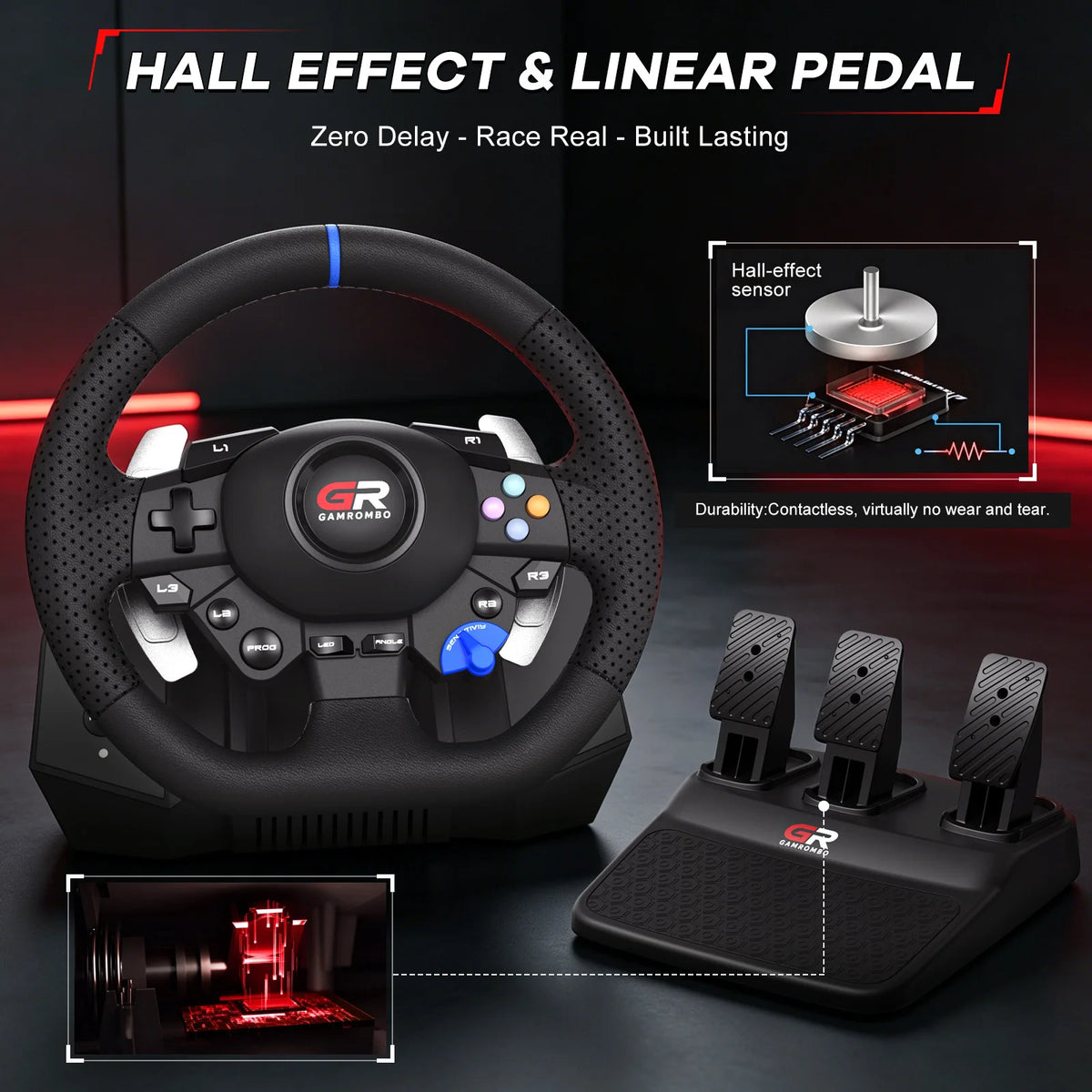 Volante de carreras para PS5/PS4/PC, 270° y 900°, volante de simulación de juegos con pedales de efecto Hall RGB y mapeo de macros PROG