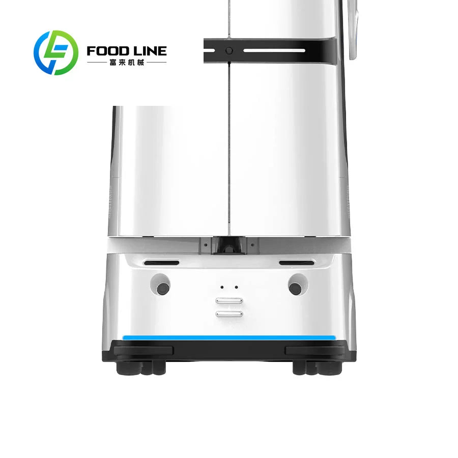Robot de servicio automático visto desde abajo, base con franja azul