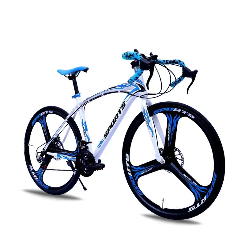 Bicicleta de carreras de 26 pulgadas con cuadro de acero al carbono, 21 velocidades, manubrio curvo, doble freno de disco y rines de 60 mm para adultos