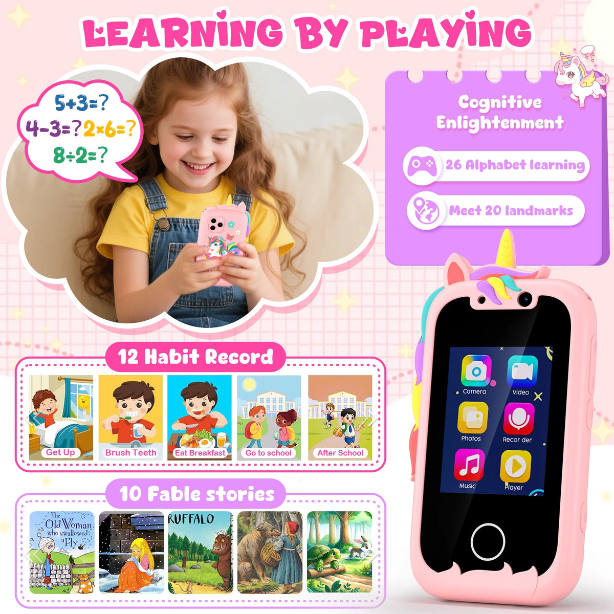Unicorn Kids Pretend Smart Phone Touch Screen Learning Toy with Camera Music Games for Toddler Girls