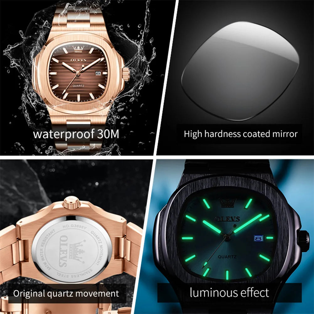 Reloj de cuarzo OLEVS 3696 para hombre, de lujo, con calendario, resistente al agua, reloj de pulsera de negocios para hombre, esfera grande luminosa, moderno, sencillo
