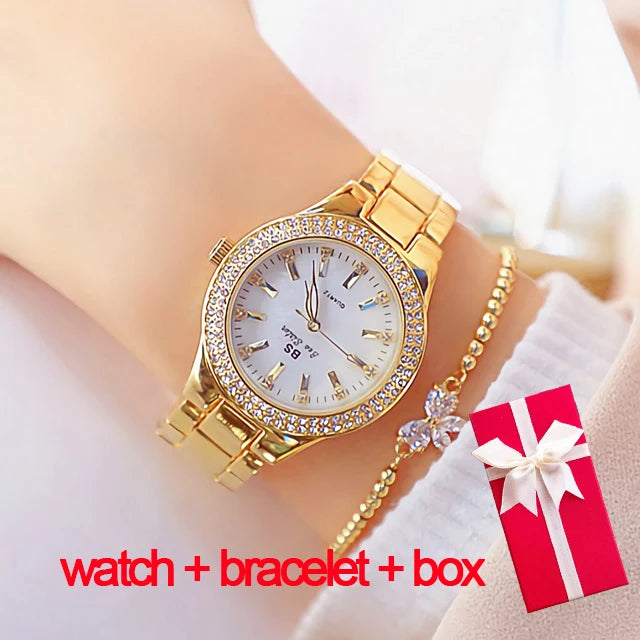 Relojes de pulsera para mujer, reloj de vestir dorado, reloj con diamantes de cristal, relojes de acero inoxidable plateados para mujer, Montre Femme