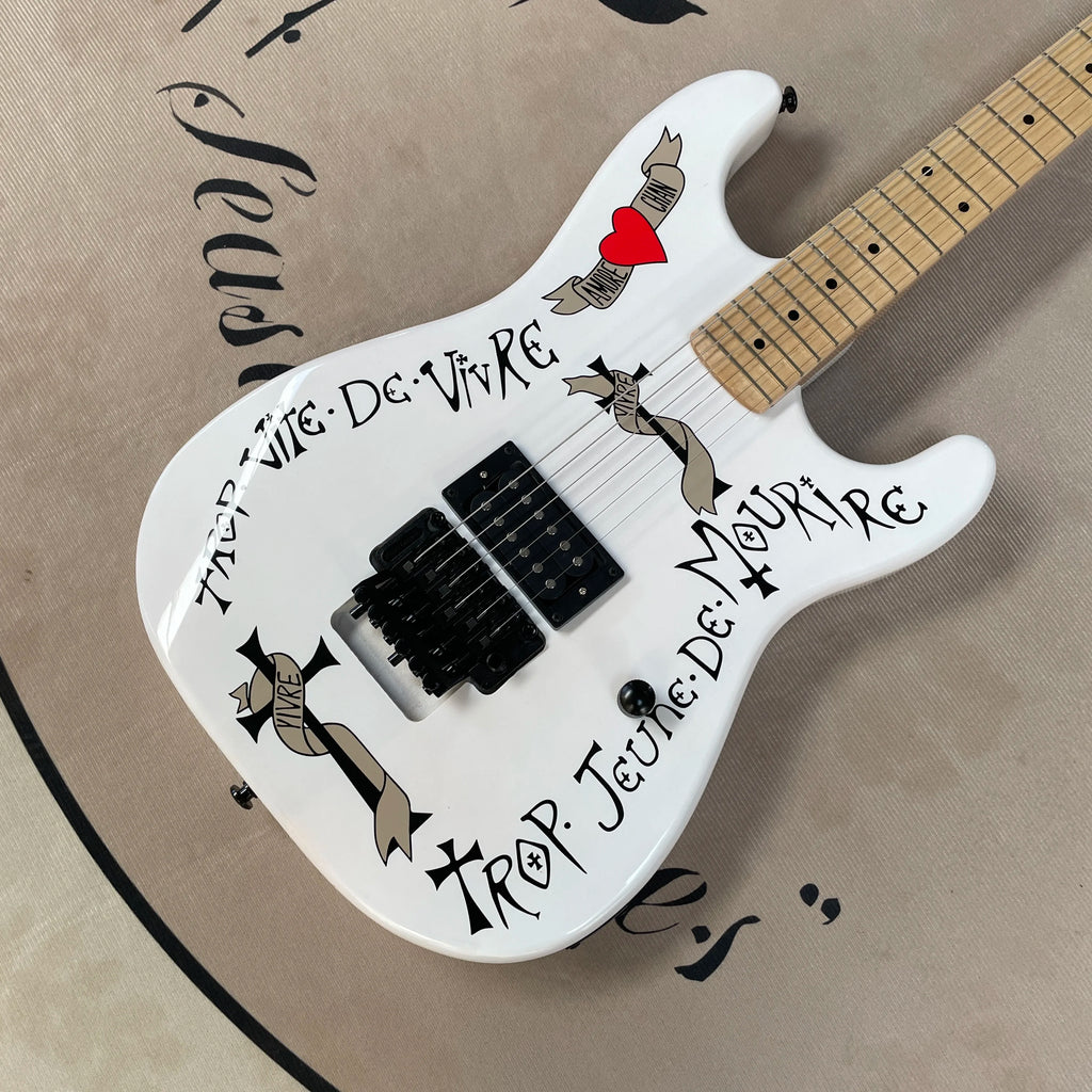 Guitarra eléctrica Floyd blanca de 6 cuerdas con diapasón de arce, guitarras de 22 trastes, hardware negro