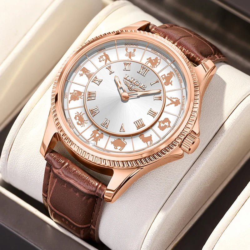 LIGE Zodiac Men Watch Top Brand Luxury Leather Roman Numeral Quartz Watch Men Fashion Business Luminous Wristwatch Gift for Men