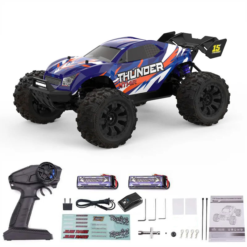 Camion RC 4x4 1/14 azul y negro con neumáticos grandes y kit de accesorios