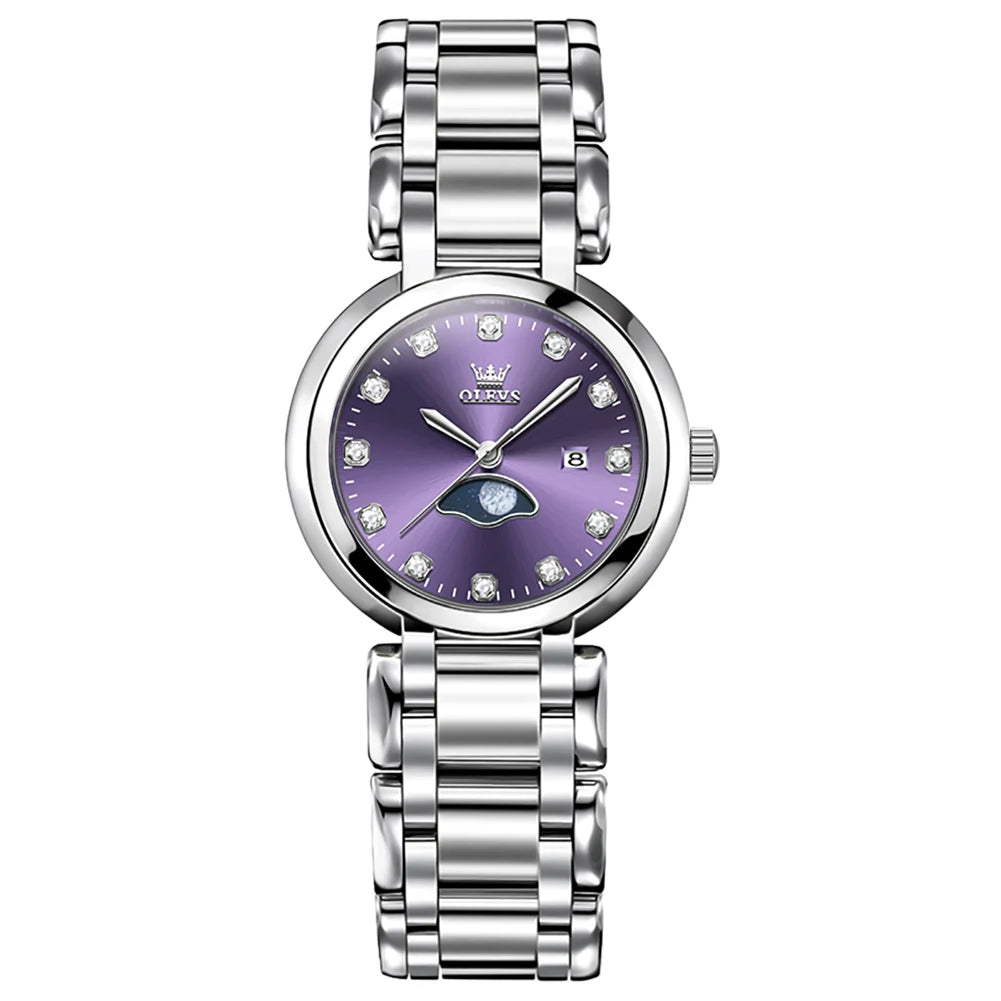 Reloj de cuarzo OLEVS para mujer, elegante y a la moda, con esfera de pedrería morada, resistente al agua, luminoso, original, de lujo.