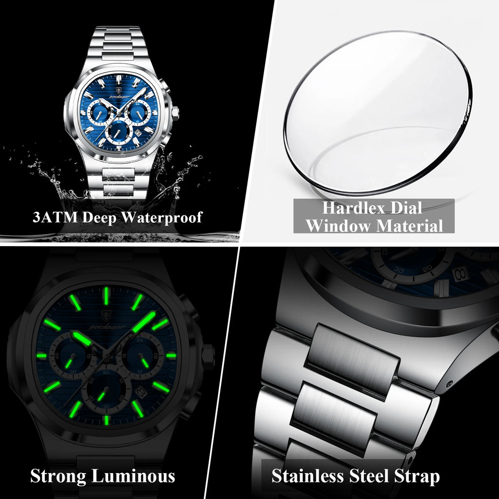 POEDAGAR Reloj de Pulsera de Negocios para Hombre, Fecha, Cronógrafo, Impermeable, Luminoso, Reloj de Lujo para Hombre, Relojes de Cuarzo de Acero Inoxidable para Hombre
