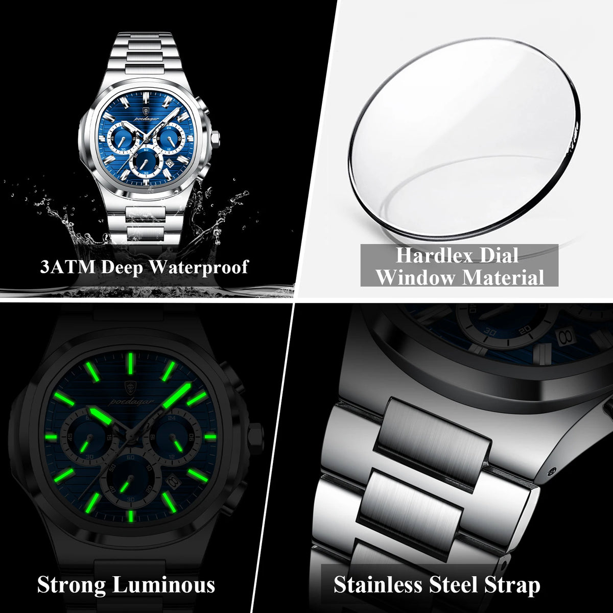 POEDAGAR Reloj de Pulsera de Negocios para Hombre, Fecha, Cronógrafo, Impermeable, Luminoso, Reloj de Lujo para Hombre, Relojes de Cuarzo de Acero Inoxidable para Hombre