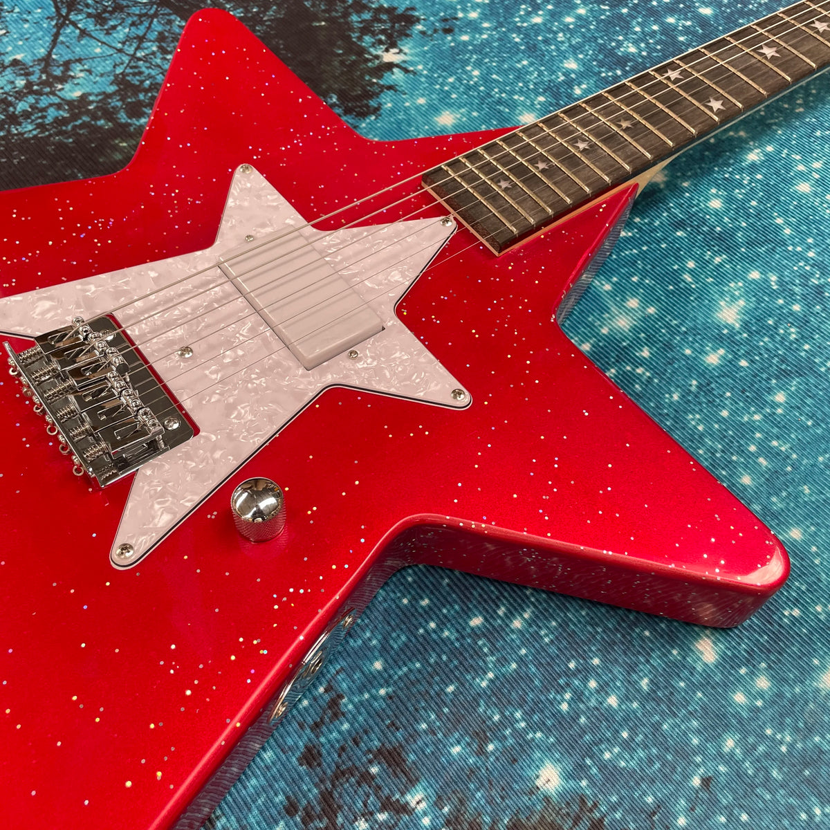 Guitarra eléctrica con forma de estrella de cinco puntas, guitarra con diapasón de palisandro, guitarra eléctrica con pastilla de bobina simple.