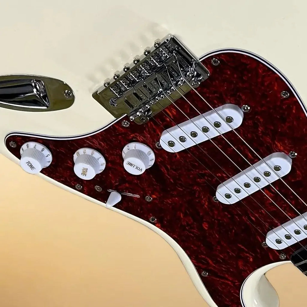 Guitarras, color crema amarillento, diapasón de palisandro, protector de cuero de tortuga rojo, cuerpo, 22 trastes.