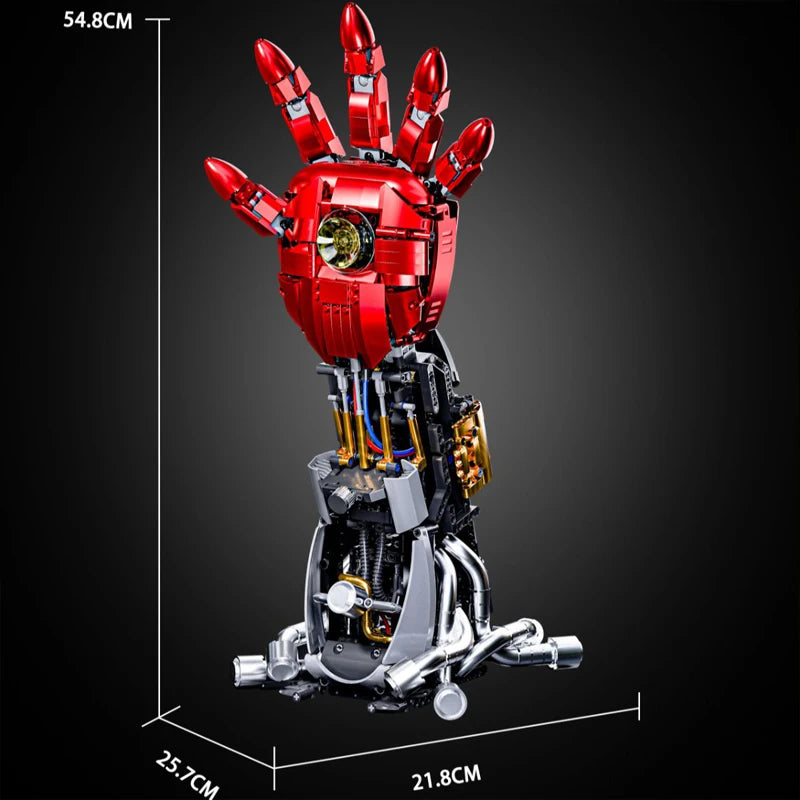 Modelo de brazo robótico de bloques rojo y negro, vista con dimensiones y base metálica