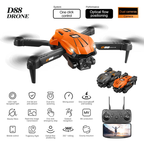 Dron RC naranja con cuatro hélices negras y control remoto incluido