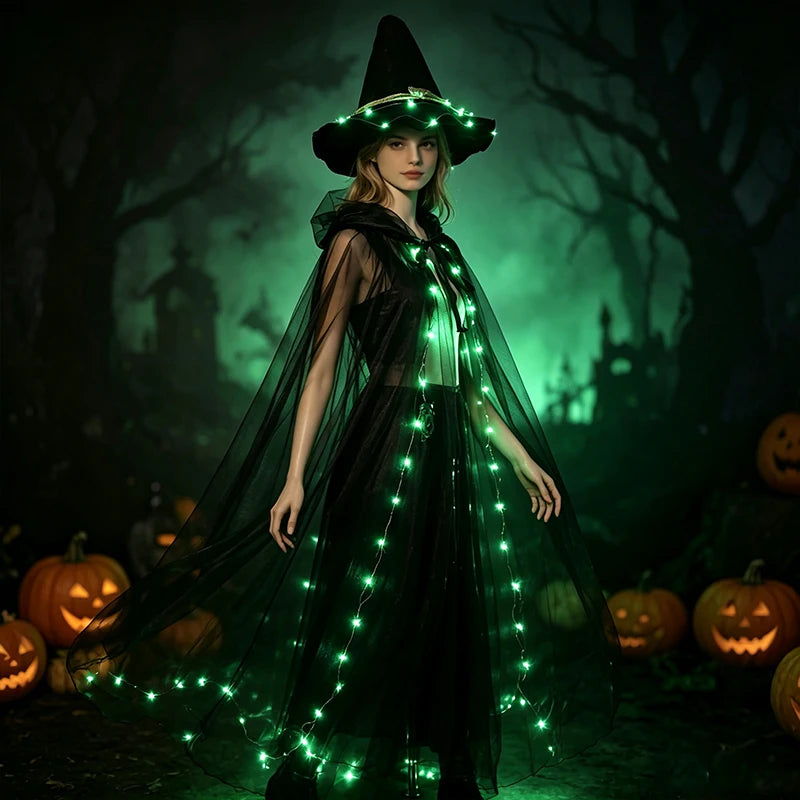 Capa de Tul con Capucha y Luces LED, Capa Larga Brillante, Disfraz de Bruja para Halloween, Cosplay, Carnaval, Fiesta Rave, Actuación en Escenario