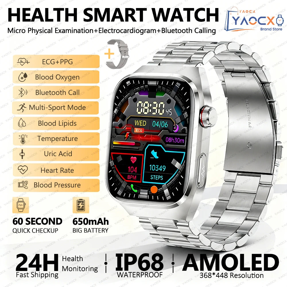 Reloj inteligente para hombre 2026, nuevo modelo con medición de ácido úrico y lípidos en sangre, ECG+PPG, presión arterial, frecuencia cardíaca, llamadas Bluetooth, reloj inteligente de salud