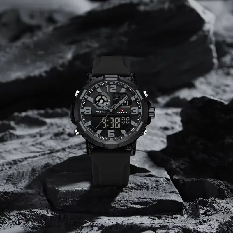 Reloj deportivo para hombre NAVIFORCE, doble hora, resistente al agua 5ATM, esfera grande, reloj de pulsera analógico-digital con cronómetro, alarma y correa de silicona