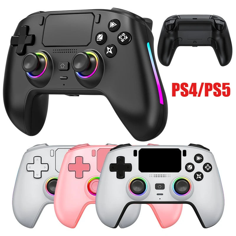 Mando inalámbrico con iluminación RGB, joysticks y panel frontal; se muestran varios colores
