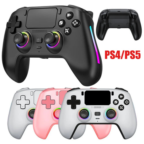 Mando inalámbrico con iluminación RGB, joysticks y panel frontal; se muestran varios colores