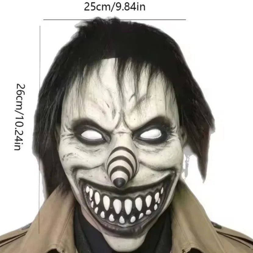 Máscara de payaso demonio aterrador, máscara de payaso malvado, máscara de payaso de pelo negro espeluznante, máscara de nariz en espiral, disfraz de látex para adultos, accesorios de cosplay para Halloween.