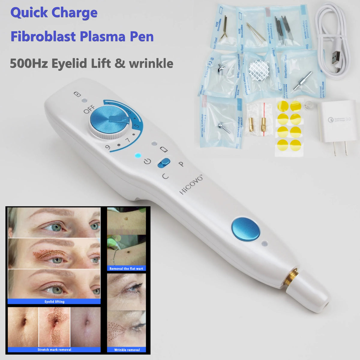 Hicovo-pluma de Plasma de 500Hz, máquina de tratamiento de acné, levantamiento de párpados, pulso, fibroblasto frío, estiramiento de la piel, carga rápida, inalámbrica