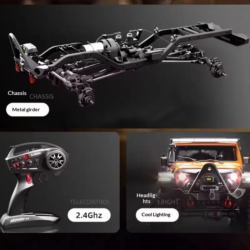 Chasis metálico para coche RC con sistema de transmisión y estructura de suspensión.