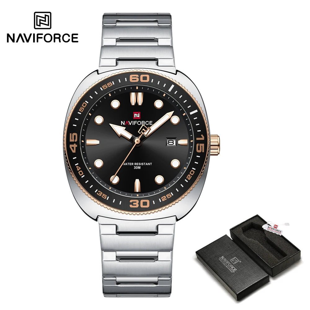 Reloj para hombre NAVIFORCE de lujo, estilo ejecutivo, con fechador, manecillas luminosas, correa de acero inoxidable, movimiento de cuarzo, reloj de marca a la moda