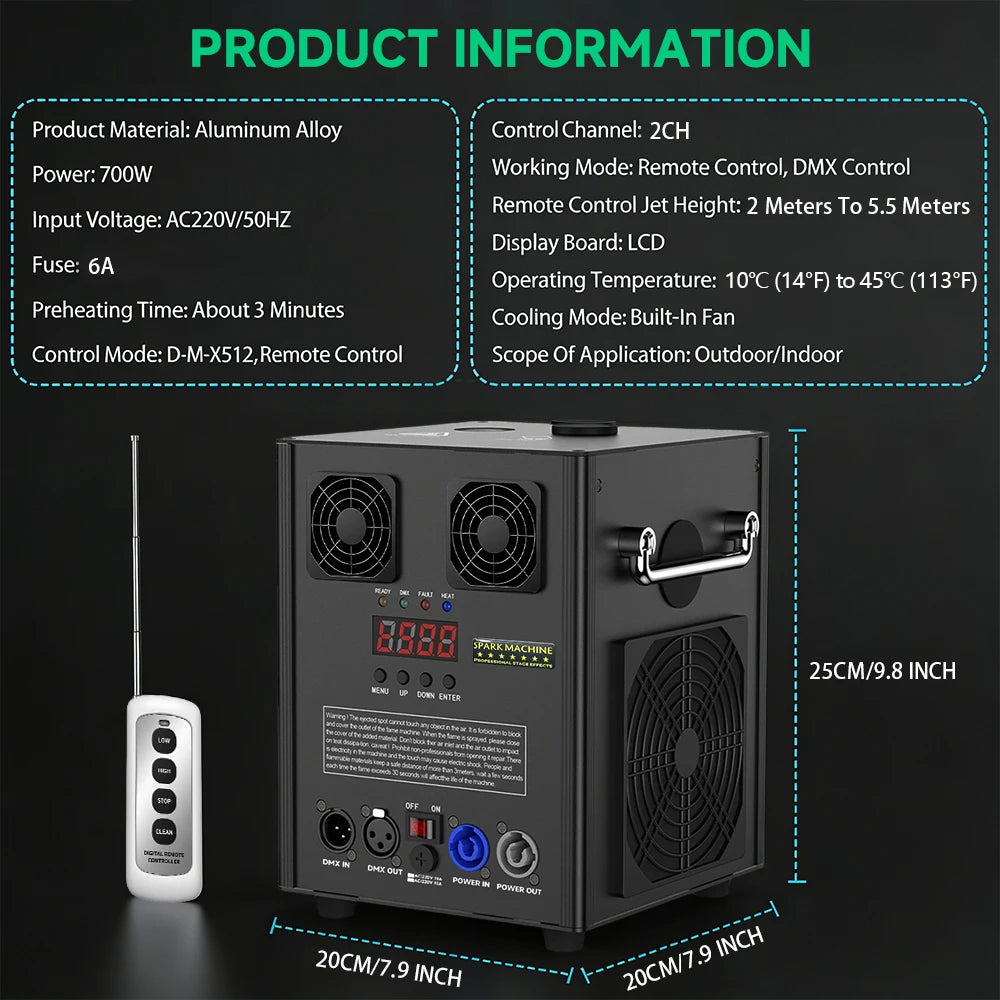 Máquina de chispas frías Podofo de 700 W, máquina electrónica de pulverización de flores para interiores y exteriores, máquina de fuegos artificiales para escenarios con control remoto y DMX512, máquina de efectos para