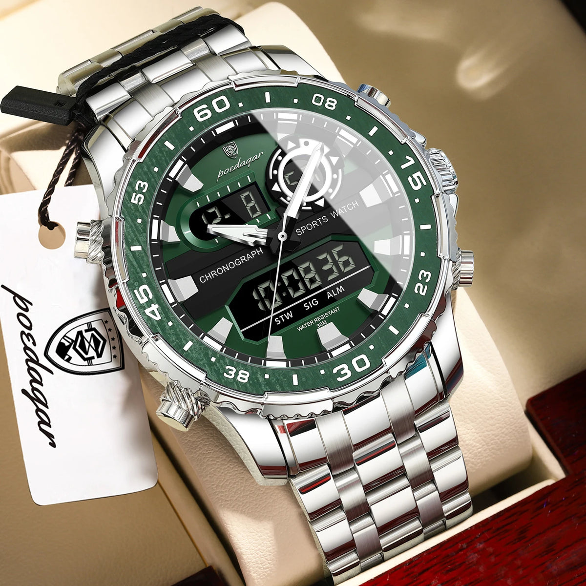 Reloj de pulsera electrónico de moda para hombre POEDAGAR, con semana, fecha, LED luminoso, pantalla de doble hora, relojes digitales de cuarzo para hombre