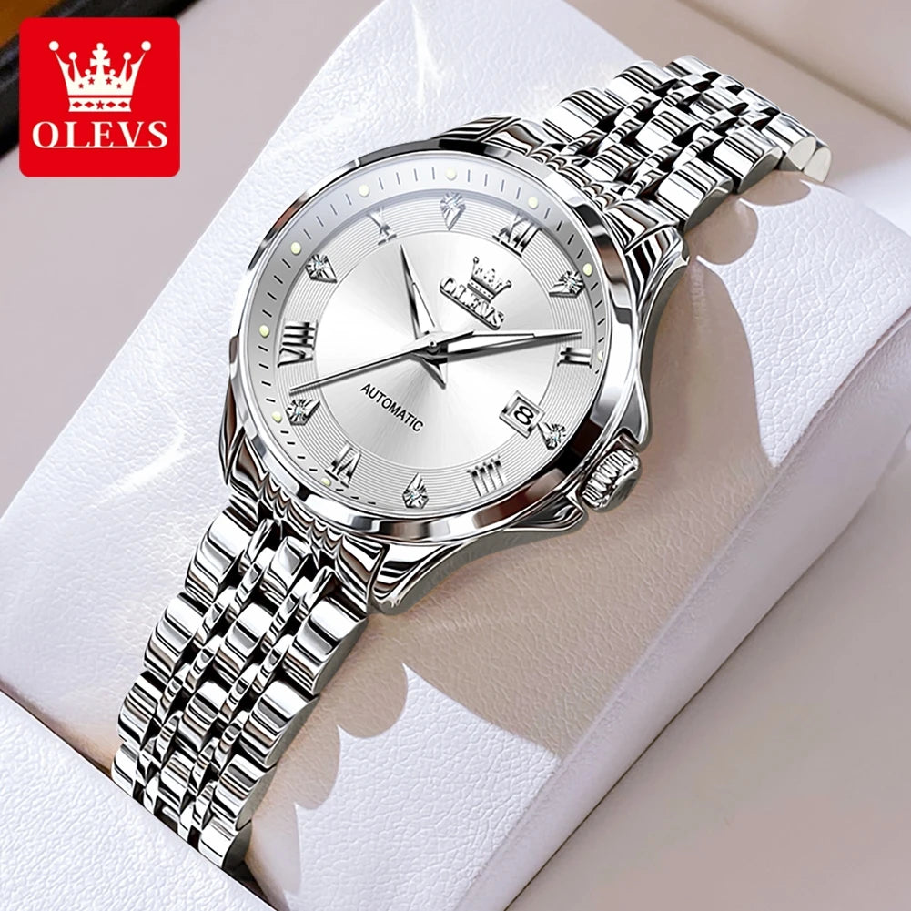 Reloj mecánico para mujer OLEVS, correa de acero inoxidable, calendario, reloj de pulsera de lujo para dama, reloj automático original para mujer 6702