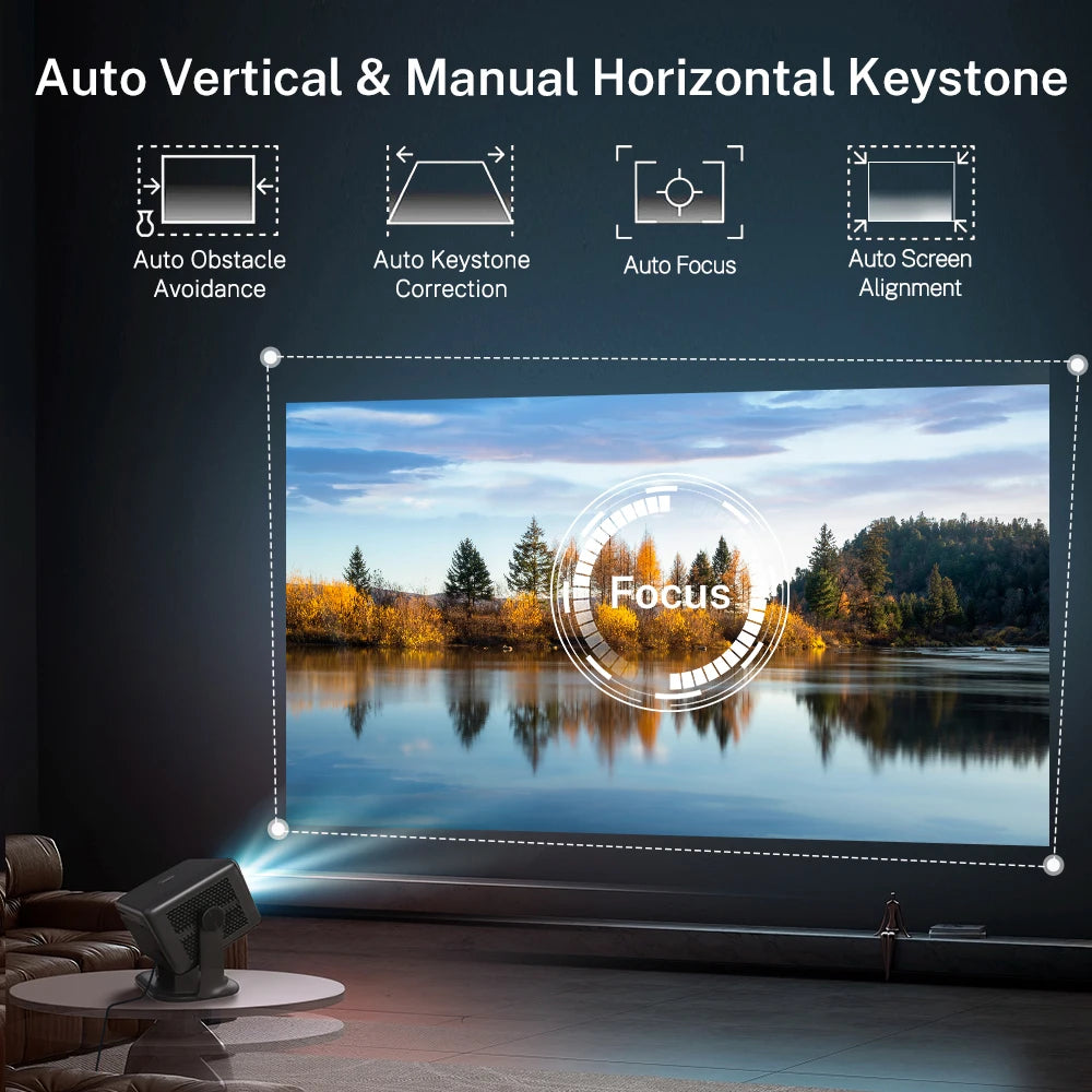 Proyector portátil gris oscuro con sistema de enfoque y corrección trapezoidal
