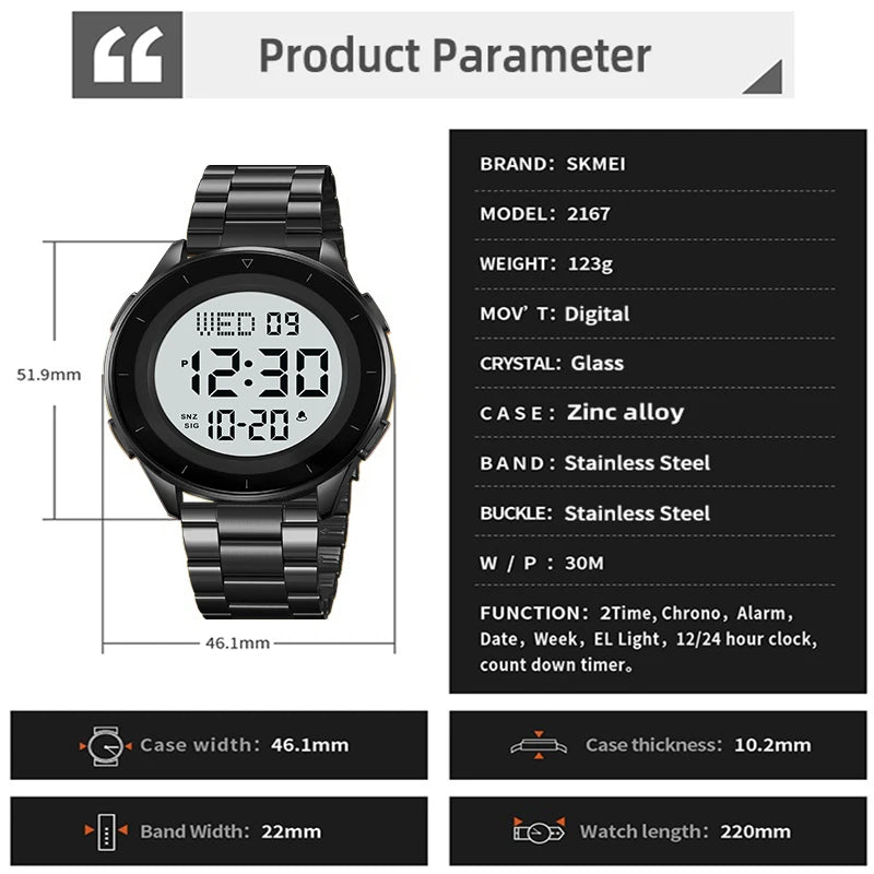 Reloj de pulsera digital LED con doble zona horaria Skmei, correa de acero de lujo, resistente al agua 3Bar, reloj deportivo militar para hombre con alarma