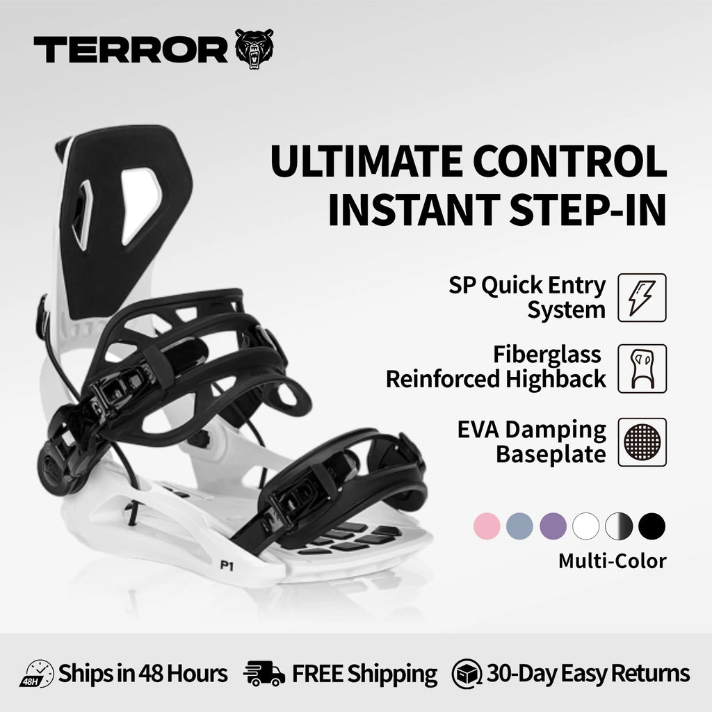 TERROR P1-360 Fijaciones para Snowboard Sistema Step-In para Principiantes, Fibra de Vidrio Ligera, Base EVA, Multicolor, Duradero