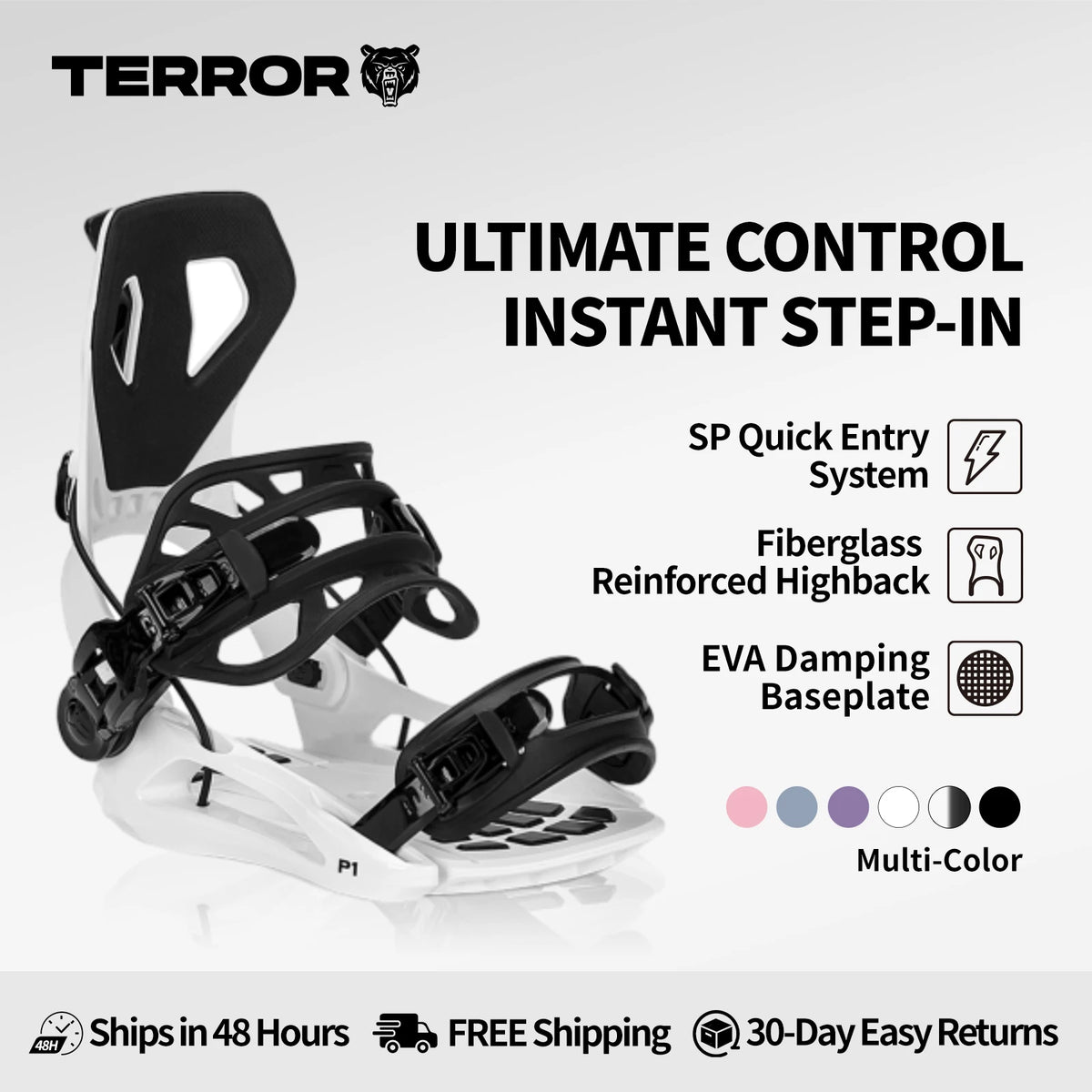 TERROR P1-360 Fijaciones para Snowboard Sistema Step-In para Principiantes, Fibra de Vidrio Ligera, Base EVA, Multicolor, Duradero