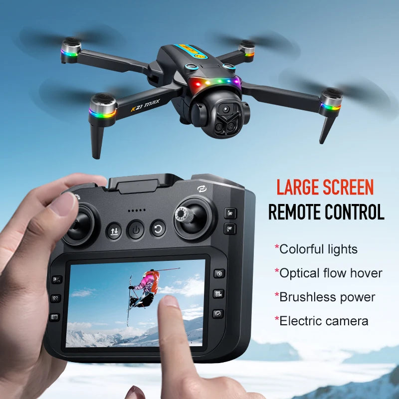Dron plegable ZNLYRION K21MAX sin escobillas con mando a distancia con pantalla, EIS, doble cámara eléctrica, flujo óptico, luces LED de colores y RC Quadcopter