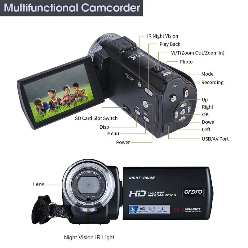 Cámara de vídeo digital portátil para vlogs, videocámara doméstica, filmadora, con visión nocturna HD 1080P, ideal para YouTube, blogueros y fotógrafos.