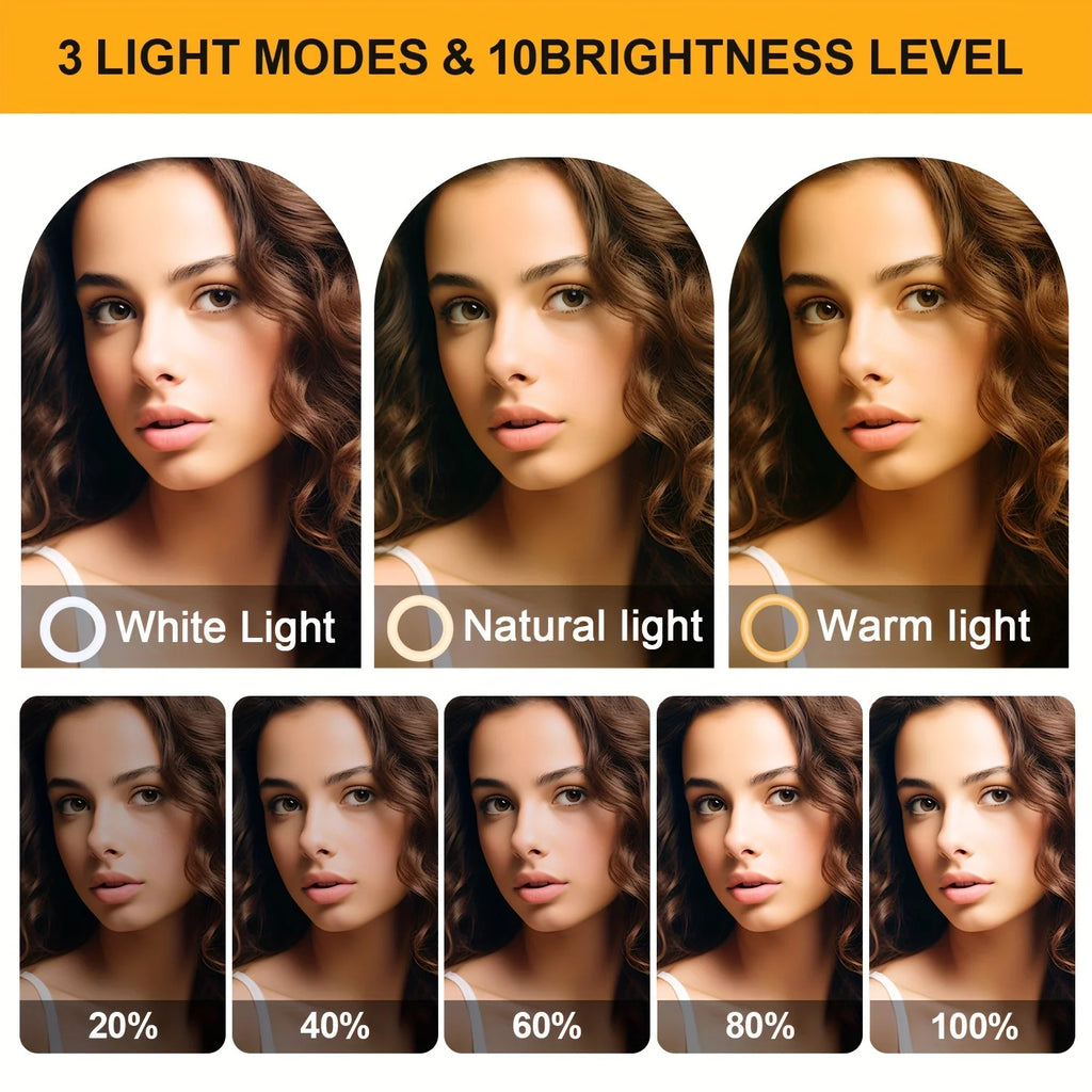 Aro de Luz LED para Selfies con 3 Modos de Brillo Ajustables, Luz de Fotografía Equipada con Trípode de 110 cm, Adecuado para Video Móvil