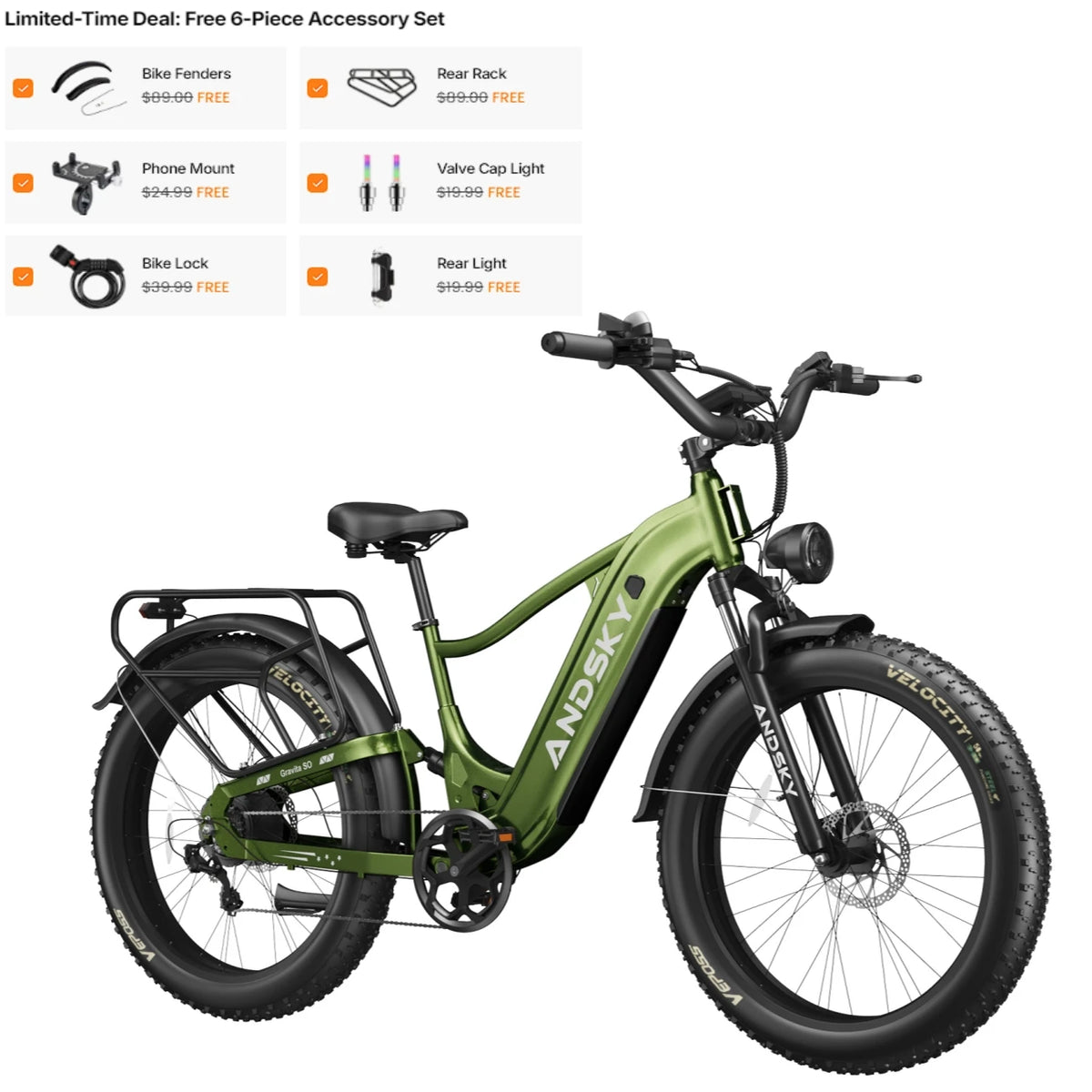 ANDSKY Gravita SO Electric Bike for Adults 7-Speed Gears City Commuter E-bike 120KM Long Range 48V 20Ah Removable Battery 26"x4" All-Terrain Fat Tires Electric Bicycle Hydraulic Disc Brakes