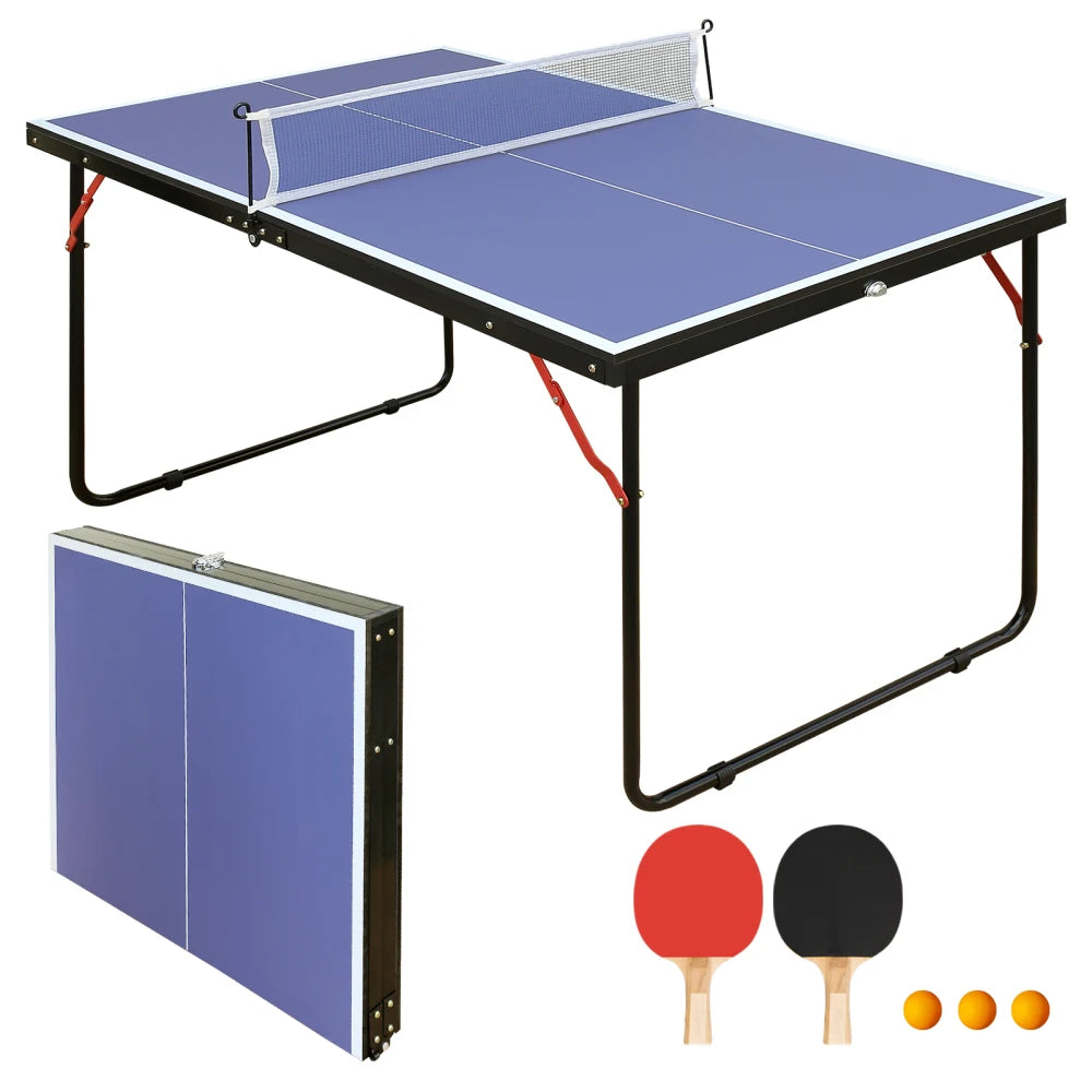 Mesa de Tenis de Mesa Plegable y Portátil de 137.2 cm/4.5 Pies, 2 Palas de Tenis de Mesa y 3 Pelotas, Juegos de Interior y Exterior, Fácil de Guardar