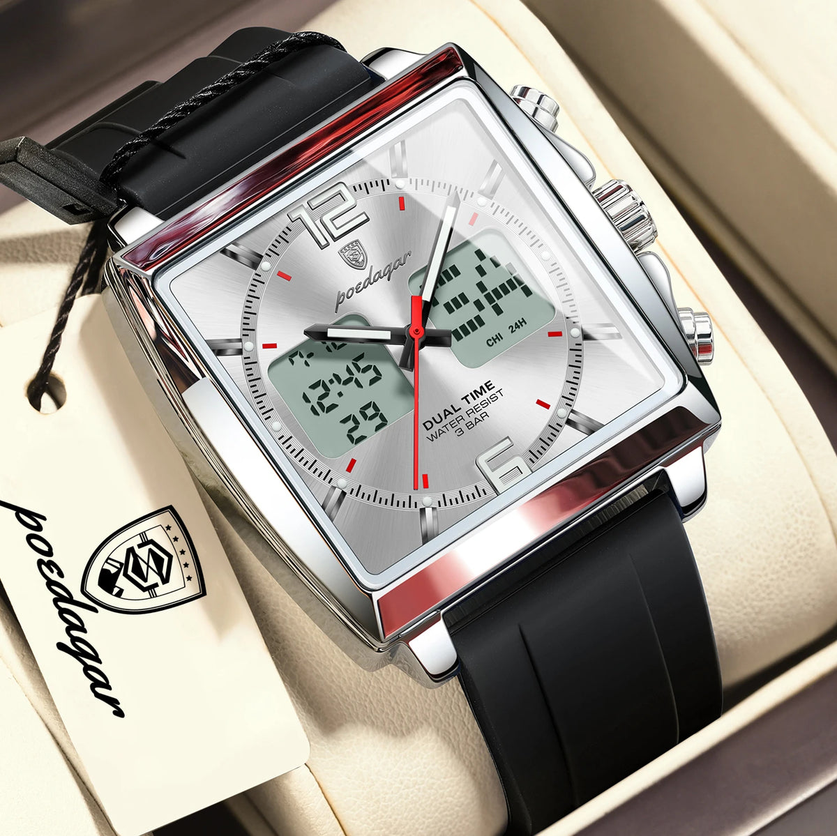 Reloj de pulsera para hombre POEDAGAR Fashion Square, cronógrafo de cuarzo con alarma LED, fecha y día, reloj militar electrónico