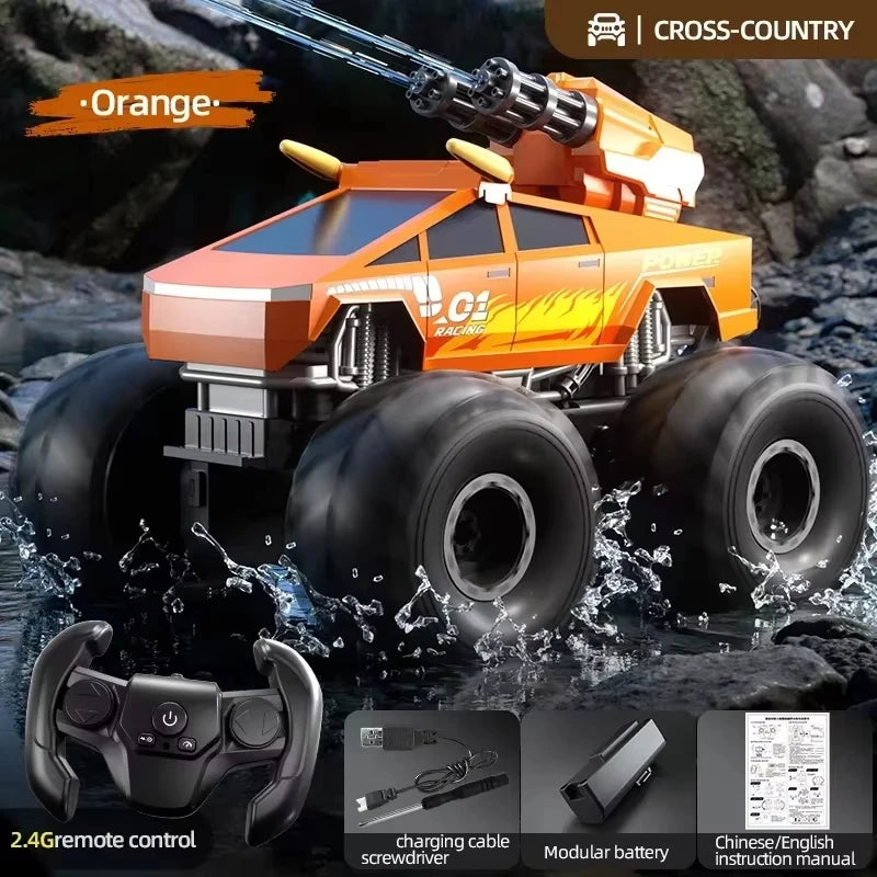 Coche RC anfibio naranja con ruedas grandes, salpicaduras de agua y control remoto 2.4G
