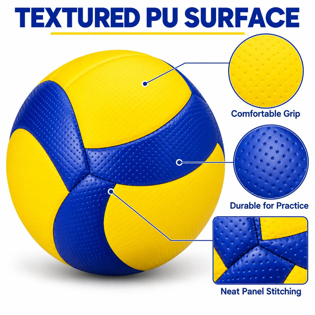 Balón de voleibol de tamaño 5, de poliuretano, para entrenamiento en interiores y exteriores, balón de voleibol de playa resistente al agua, ideal para el gimnasio escolar, color azul y amarillo.