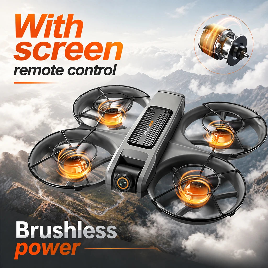 Drone RC gris oscuro con cuatro hélices y controlador con pantalla remota.