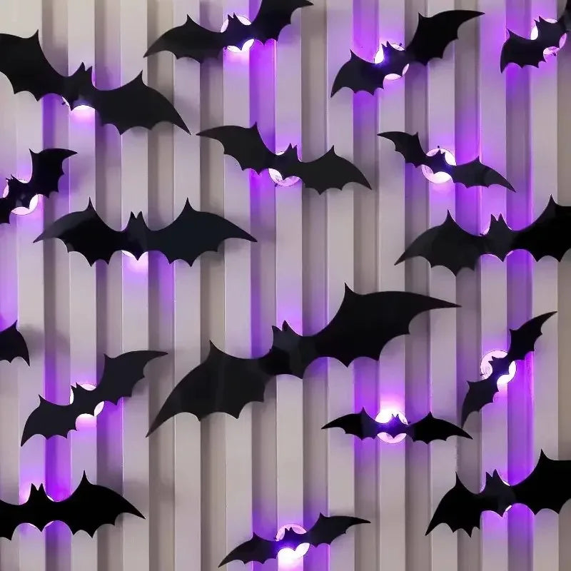 Decoración de Murciélagos 3D para Halloween, Adhesivo de Pared con Luz Púrpura/Sin Luz, Luz Nocturna de Murciélagos para Fiesta de Halloween, Decoración Espeluznante, Artículos Festivos