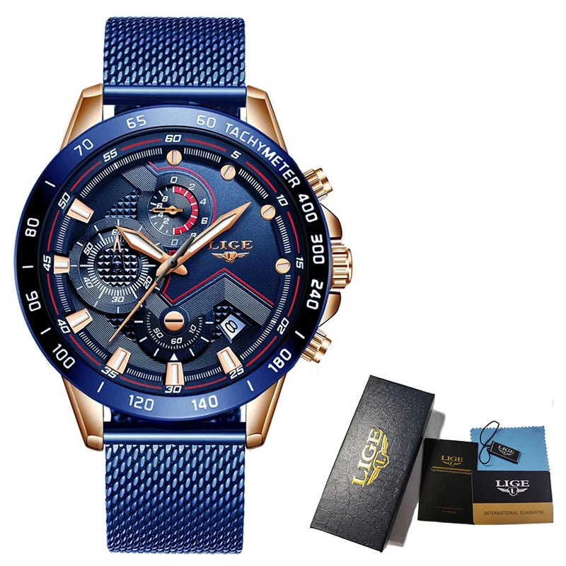 Reloj de cuarzo LIGE de marca superior de lujo para hombre, reloj de moda de negocios con correa de malla, resistente al agua, luminoso, cronógrafo