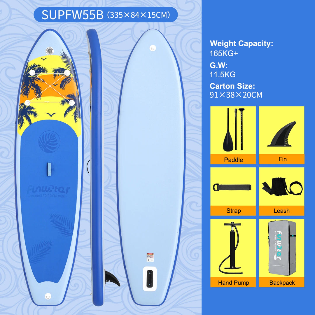 SUP hinchable Funwater SUPFW55C, 335x84x15 cm, 165 kg+, tabla de paddle surf rosa y lila con palmeras tropicales para yoga, escapadas a la playa, rutas en lagos y pesca tranquila, accesorios incluidos
