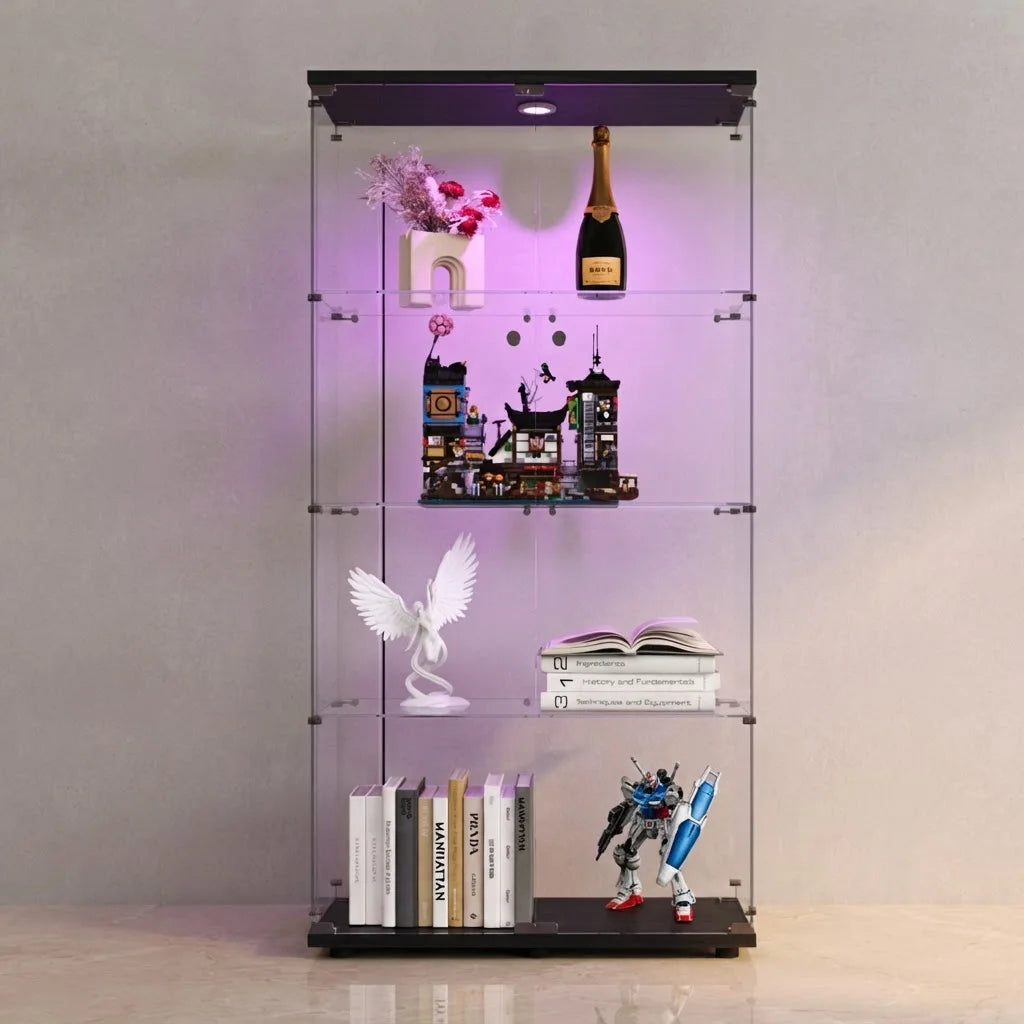 Superaly - Vitrina de almacenamiento de pie con 4 niveles y 2 puertas, 164 × 80 × 36 cm, vitrina de cristal con cerradura, para dormitorio, sala de estar, balcón, color negro